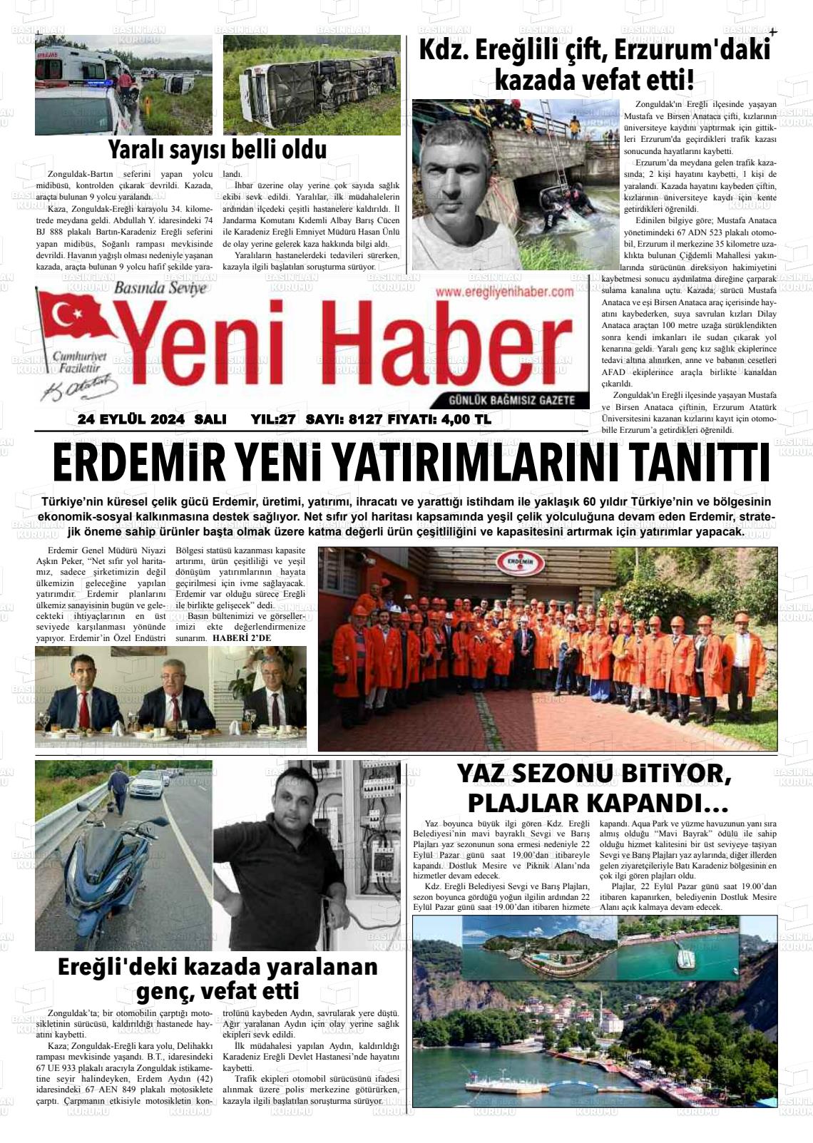 24 Eylül 2024 Ereğli Yeni Haber Gazete Manşeti