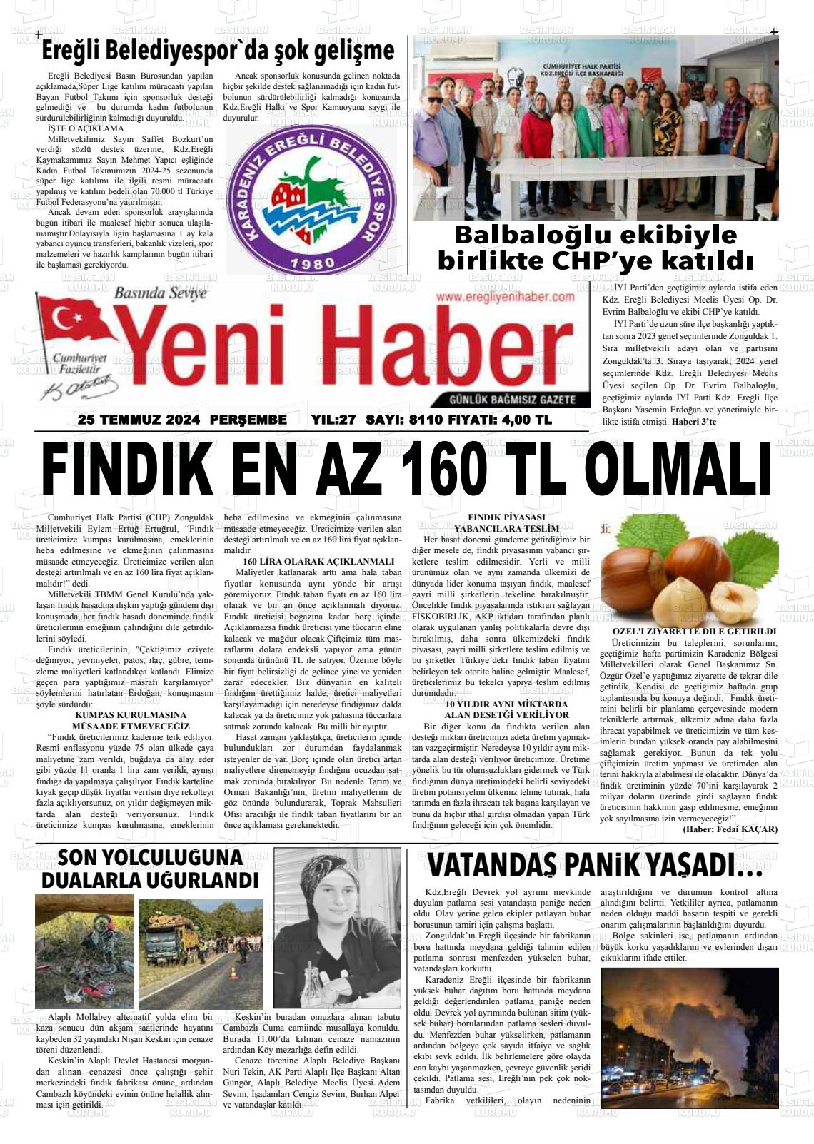 25 Temmuz 2024 Ereğli Yeni Haber Gazete Manşeti