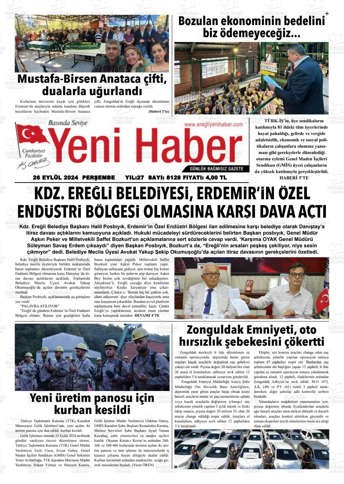 26 Eylül 2024 Ereğli Yeni Haber Gazete Manşeti