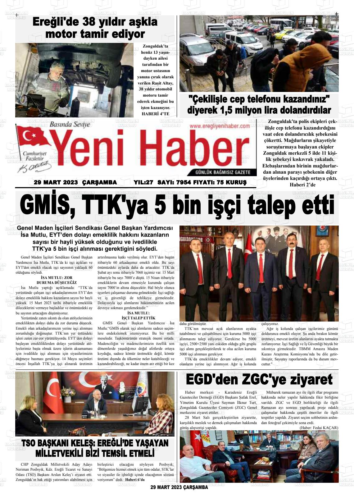 29 Mart 2023 Ereğli Yeni Haber Gazete Manşeti