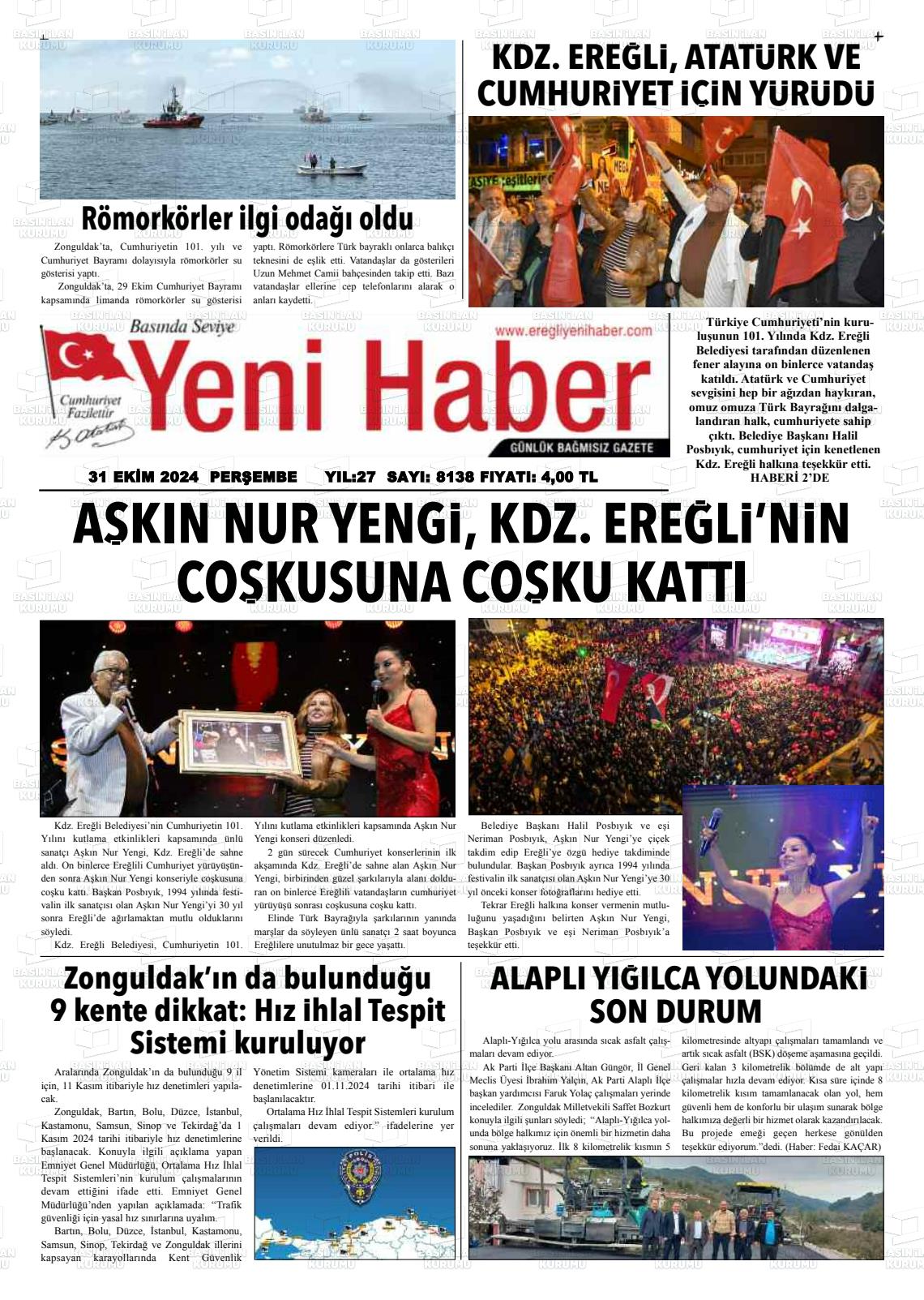 31 Ekim 2024 Ereğli Yeni Haber Gazete Manşeti