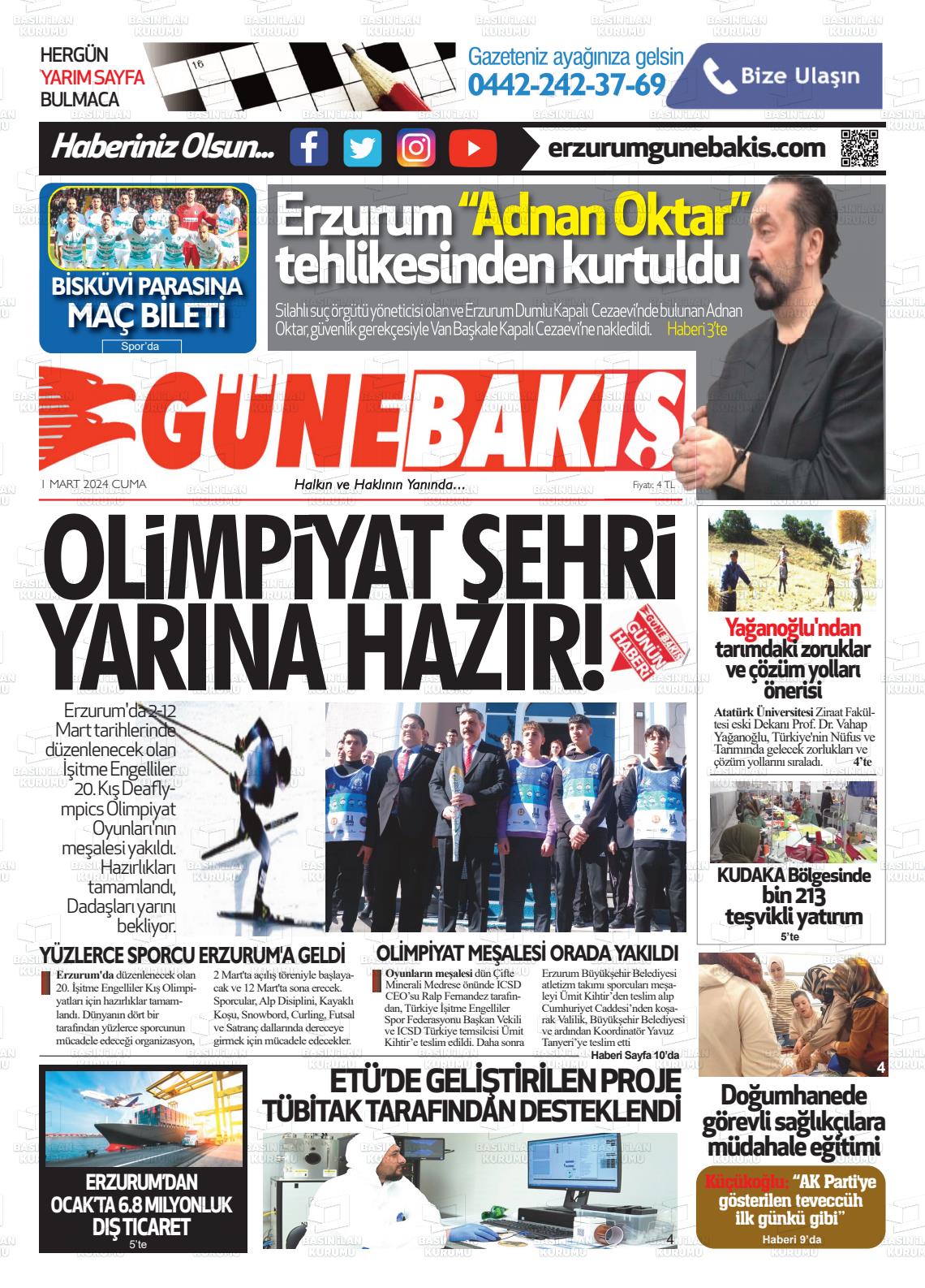 01 Mart 2024 Erzurum Günebakış Gazete Manşeti