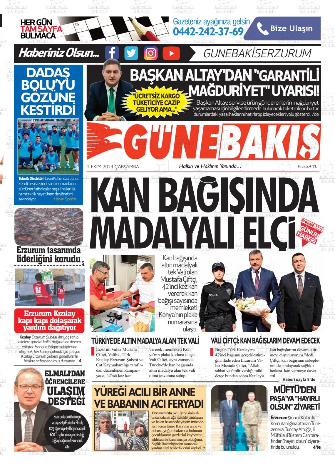 02 Ekim 2024 Erzurum Günebakış Gazete Manşeti