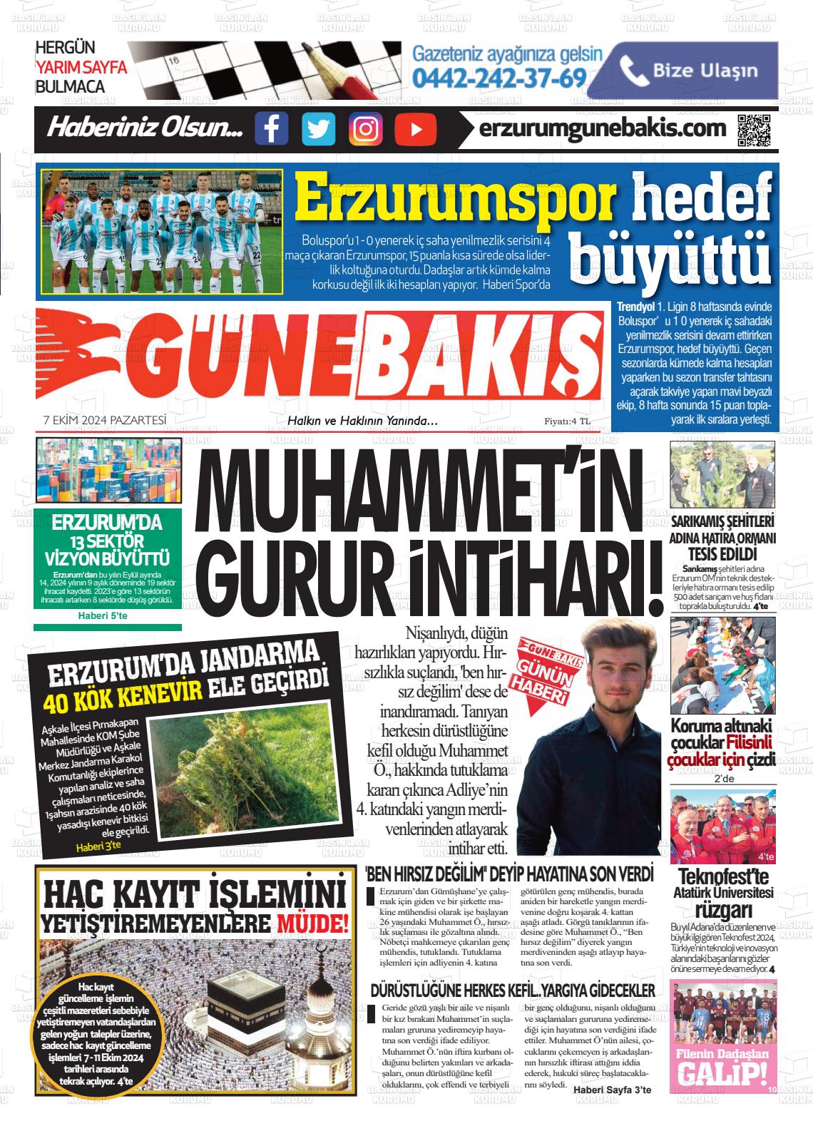 07 Ekim 2024 Erzurum Günebakış Gazete Manşeti