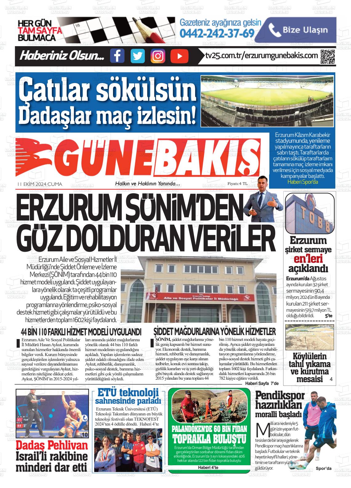 11 Ekim 2024 Erzurum Günebakış Gazete Manşeti