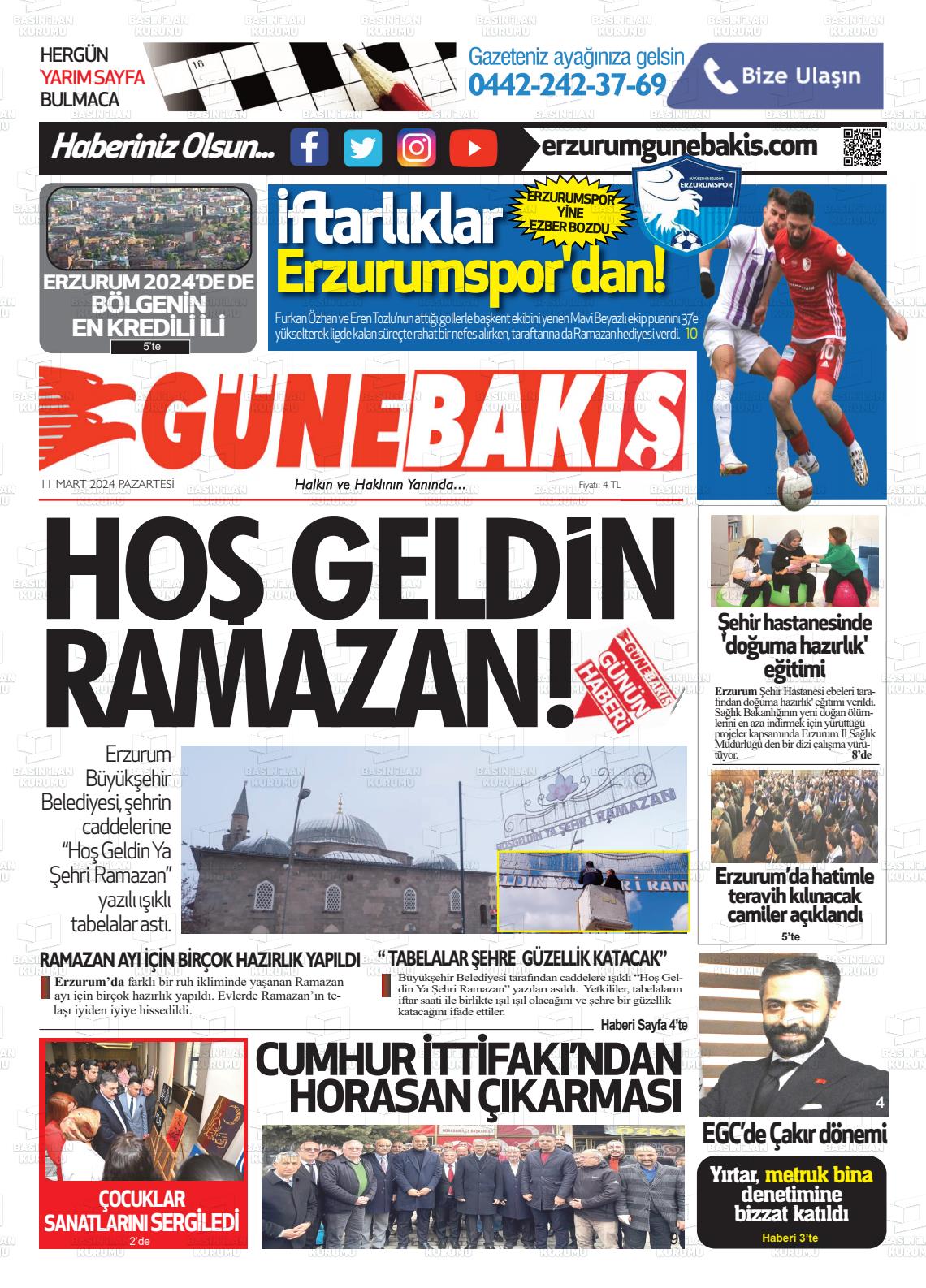 11 Mart 2024 Erzurum Günebakış Gazete Manşeti