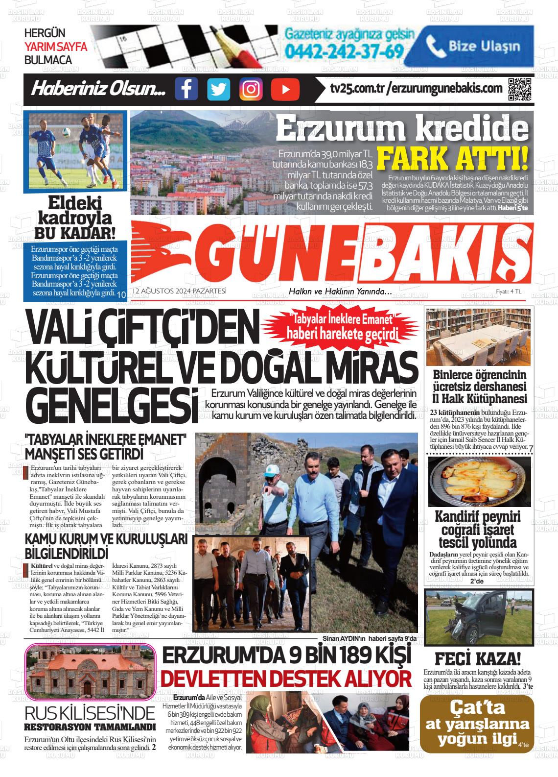 12 Ağustos 2024 Erzurum Günebakış Gazete Manşeti