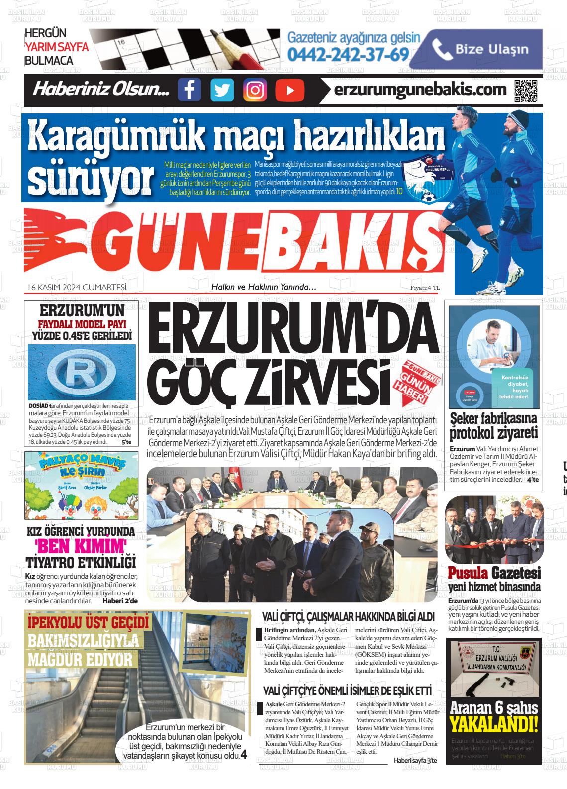 16 Kasım 2024 Erzurum Günebakış Gazete Manşeti