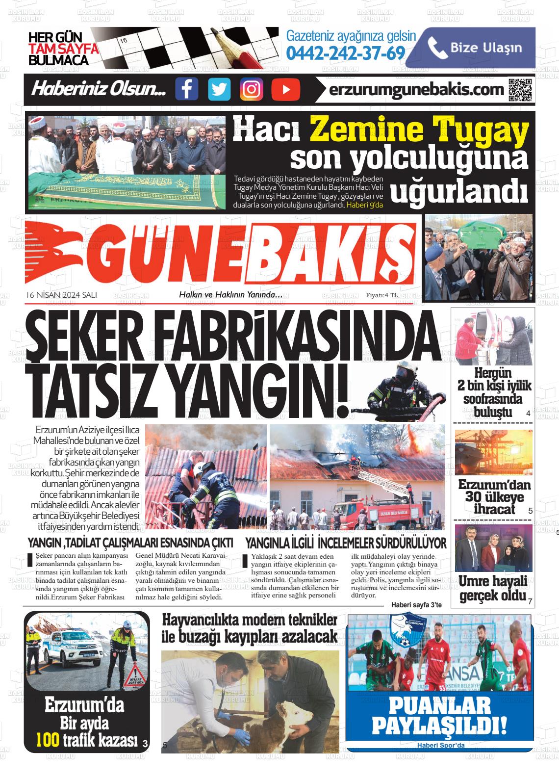 16 Nisan 2024 Erzurum Günebakış Gazete Manşeti