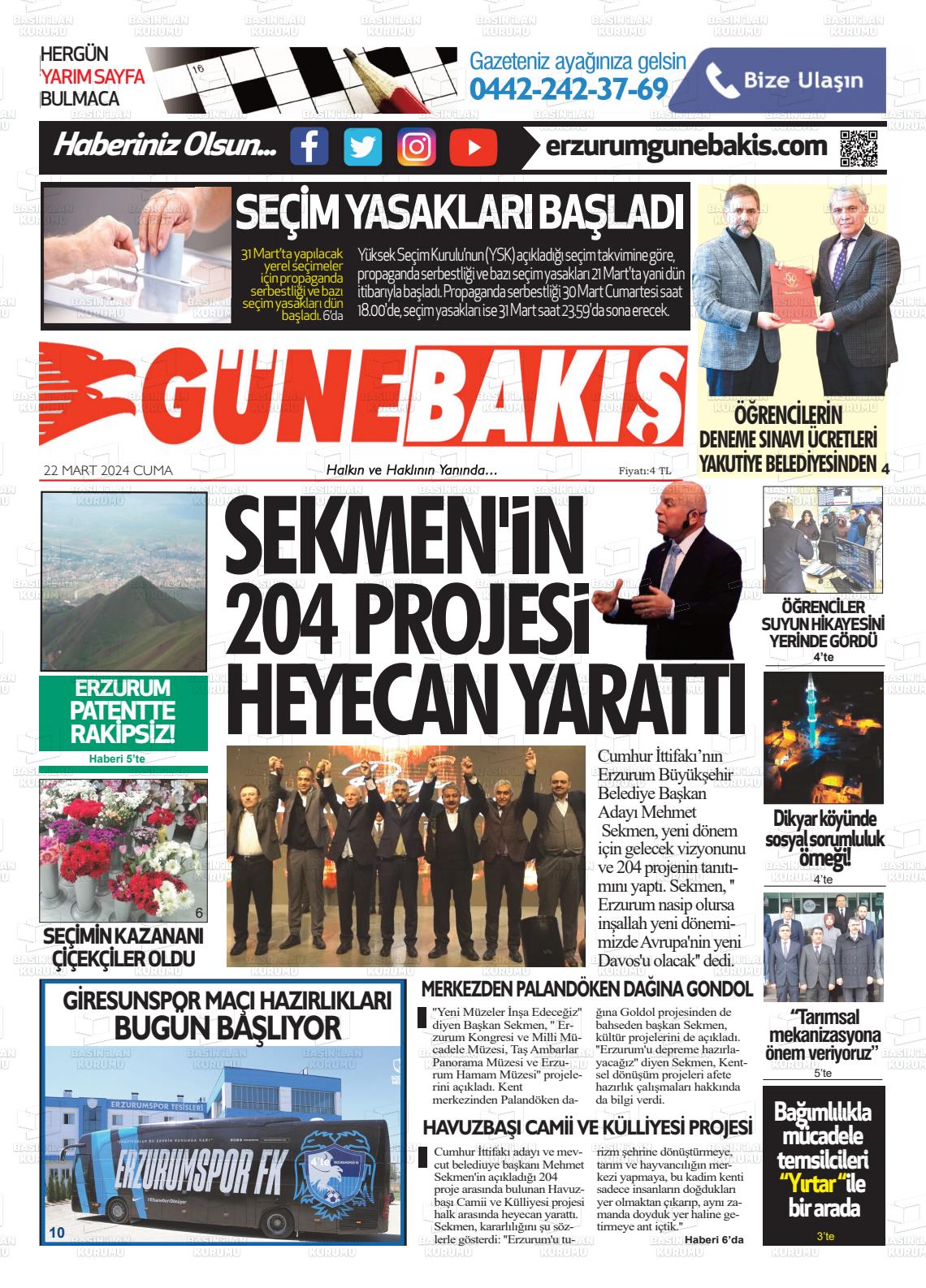 22 Mart 2024 Erzurum Günebakış Gazete Manşeti