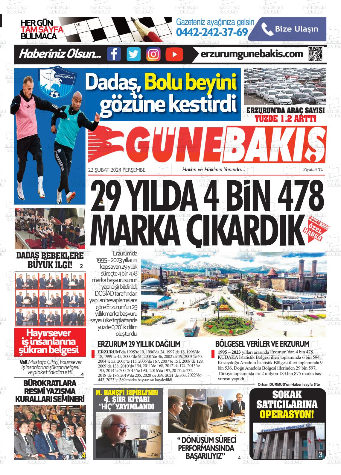 22 Şubat 2024 Erzurum Günebakış Gazete Manşeti