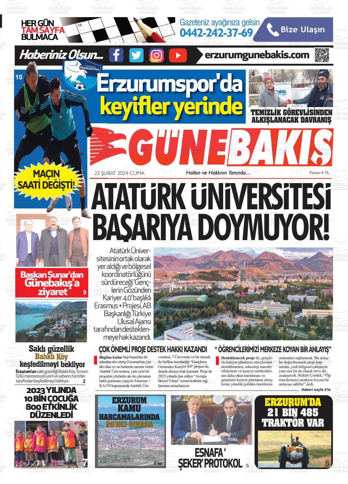 23 Şubat 2024 Erzurum Günebakış Gazete Manşeti