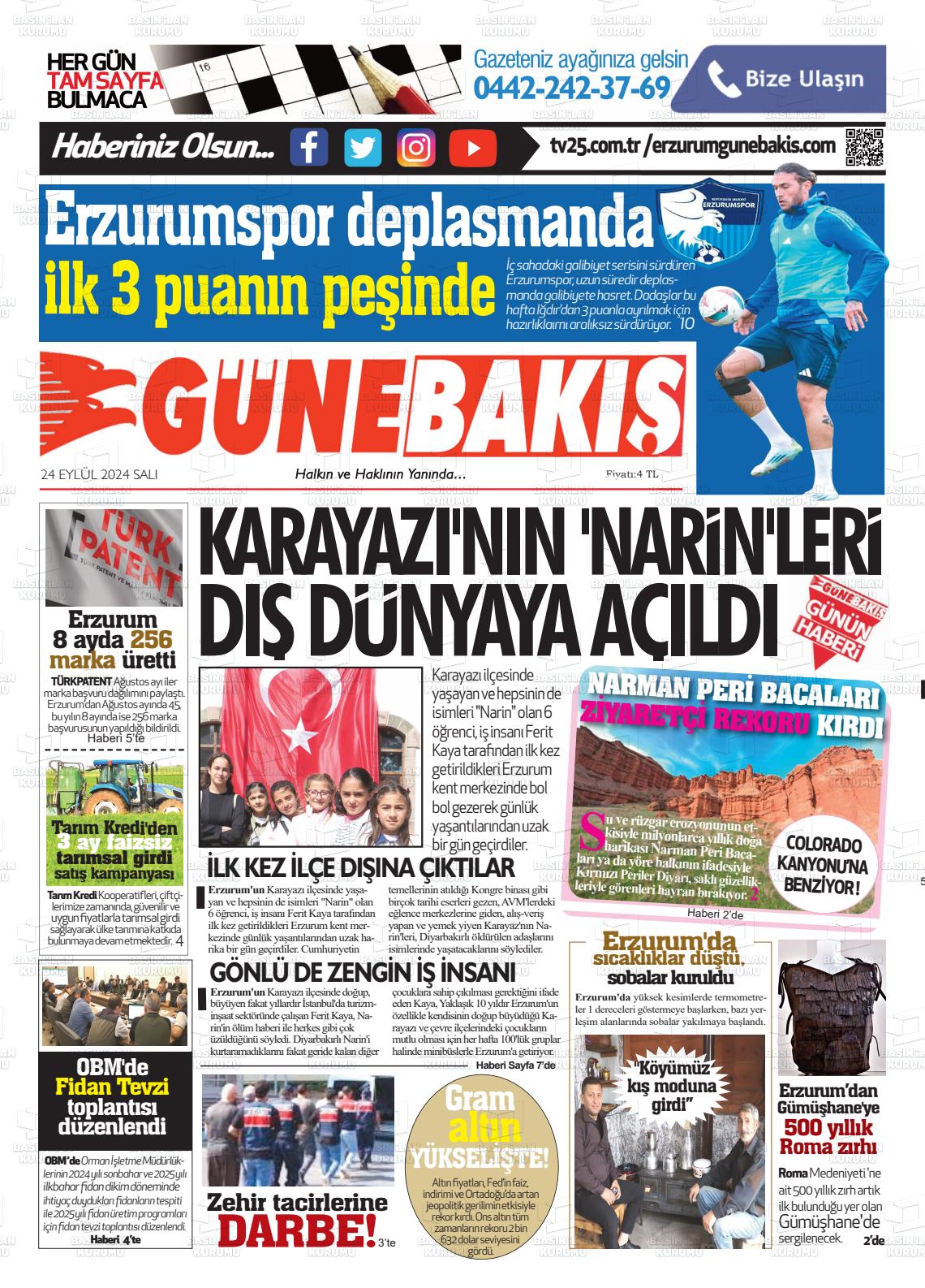 25 Eylül 2024 Erzurum Günebakış Gazete Manşeti