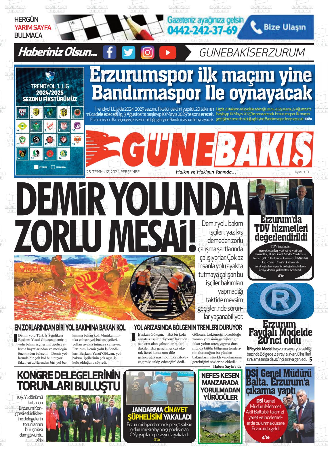 25 Temmuz 2024 Erzurum Günebakış Gazete Manşeti