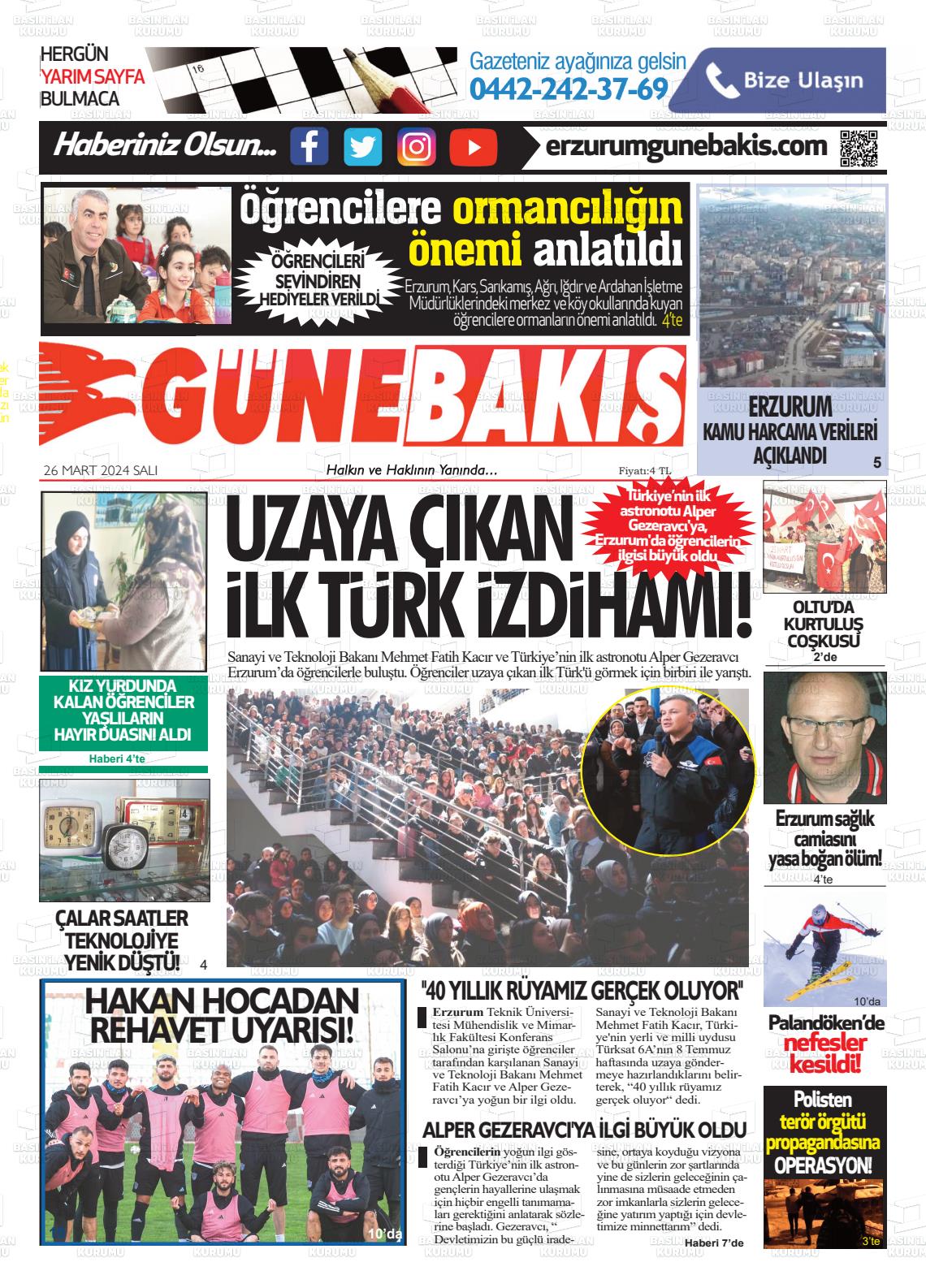 26 Mart 2024 Erzurum Günebakış Gazete Manşeti