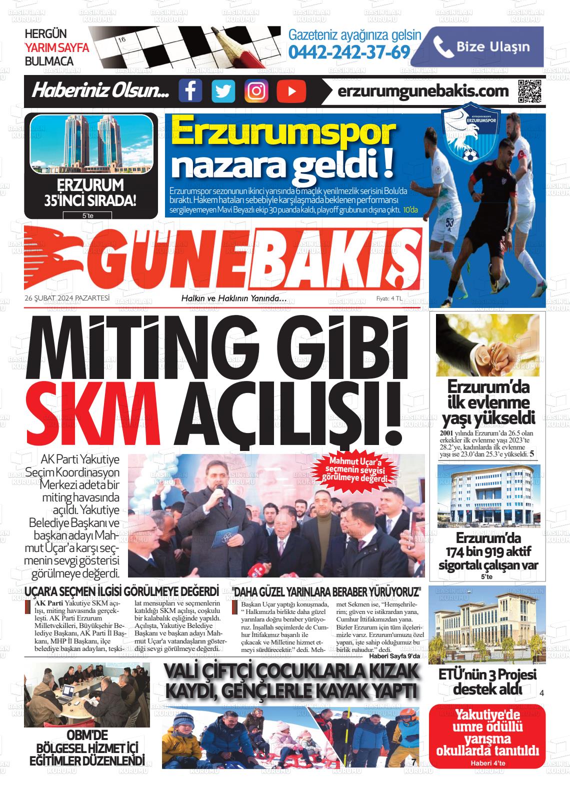 26 Şubat 2024 Erzurum Günebakış Gazete Manşeti