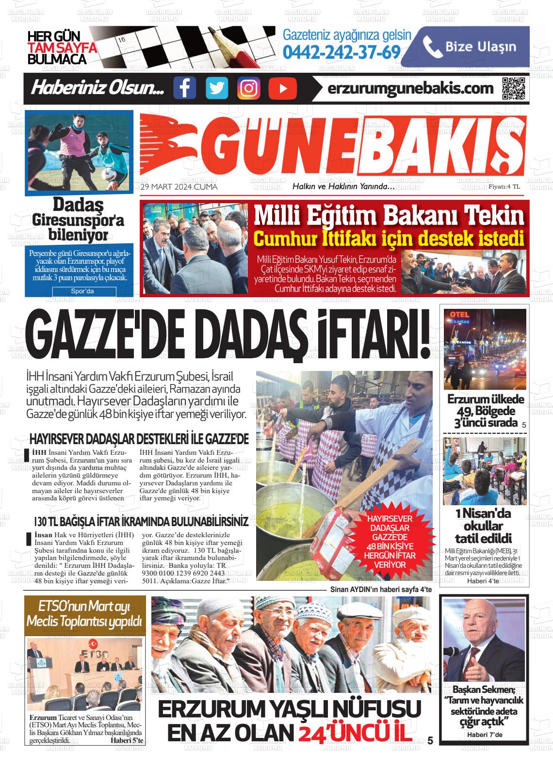 29 Mart 2024 Erzurum Günebakış Gazete Manşeti