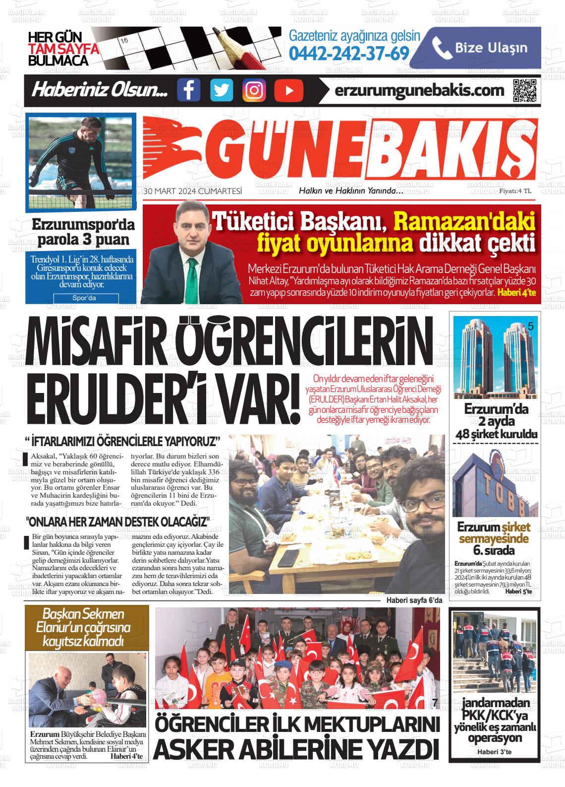 30 Mart 2024 Erzurum Günebakış Gazete Manşeti