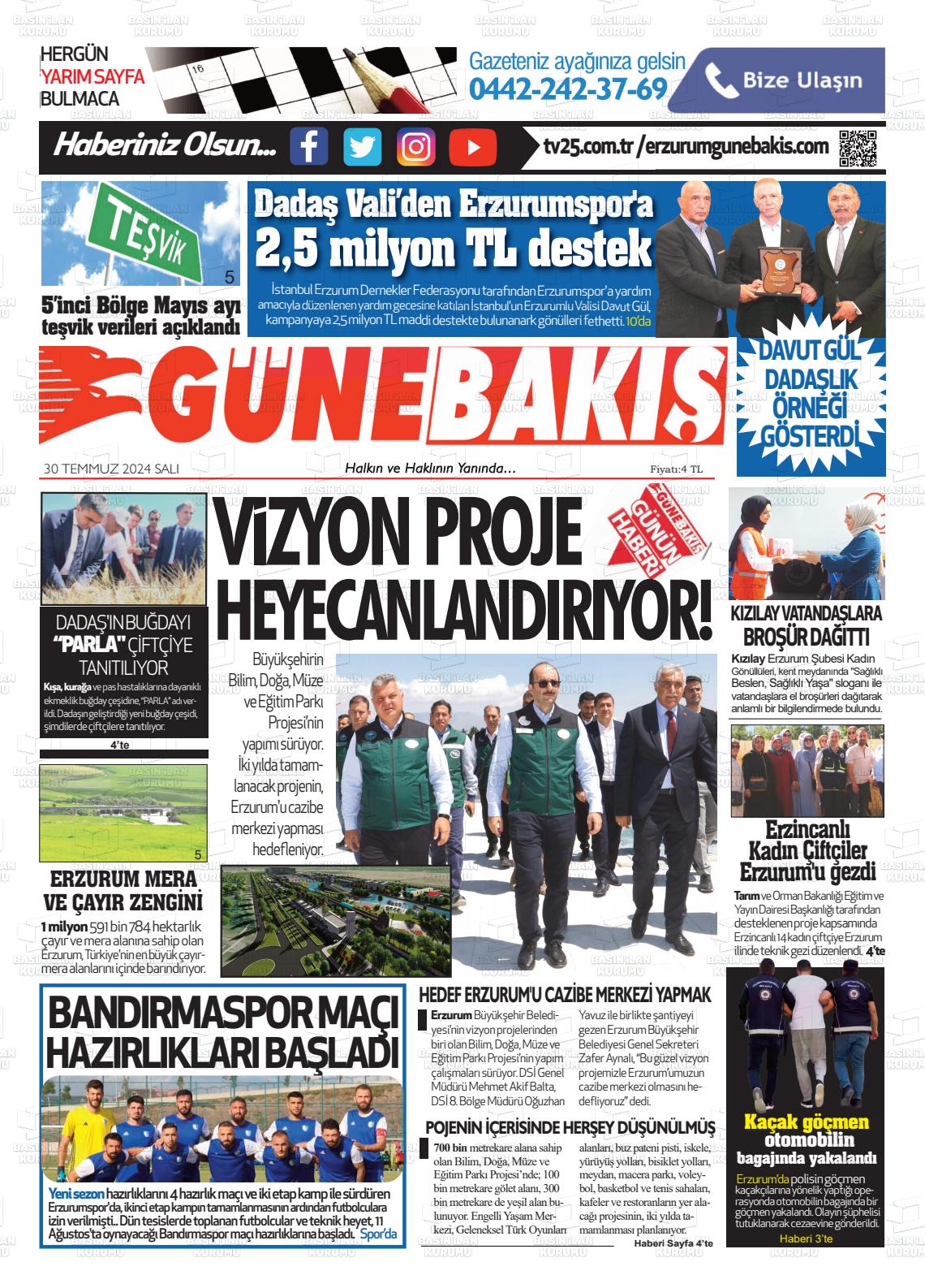 30 Temmuz 2024 Erzurum Günebakış Gazete Manşeti