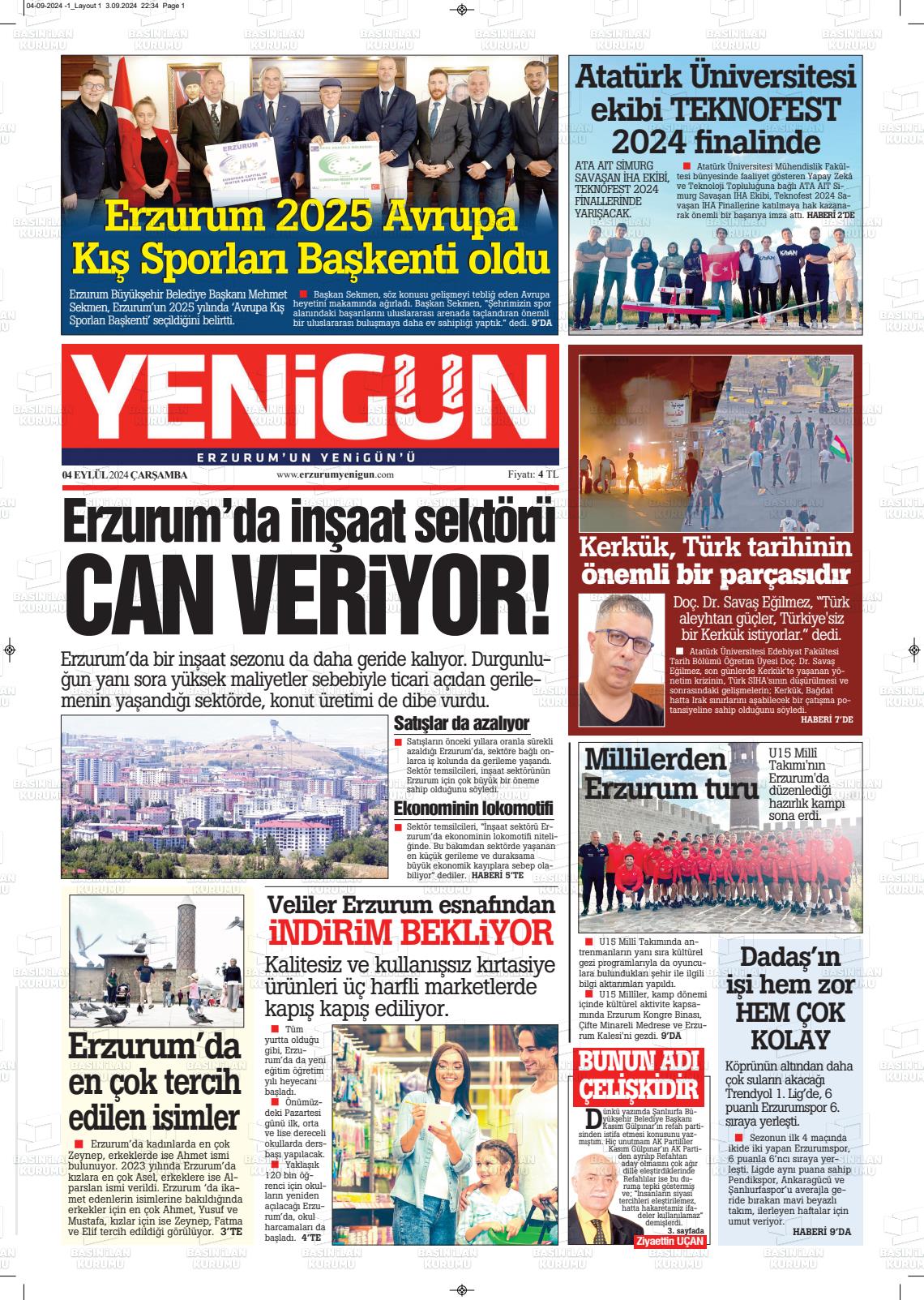 04 Eylül 2024 Erzurum Yenigün Gazete Manşeti