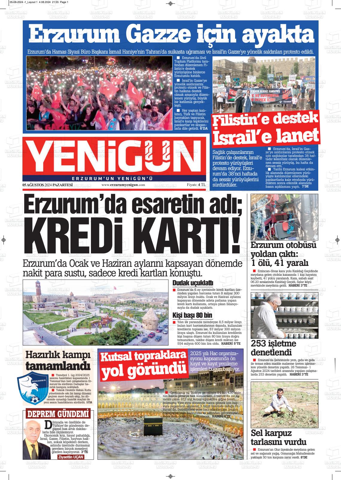 05 Ağustos 2024 Erzurum Yenigün Gazete Manşeti