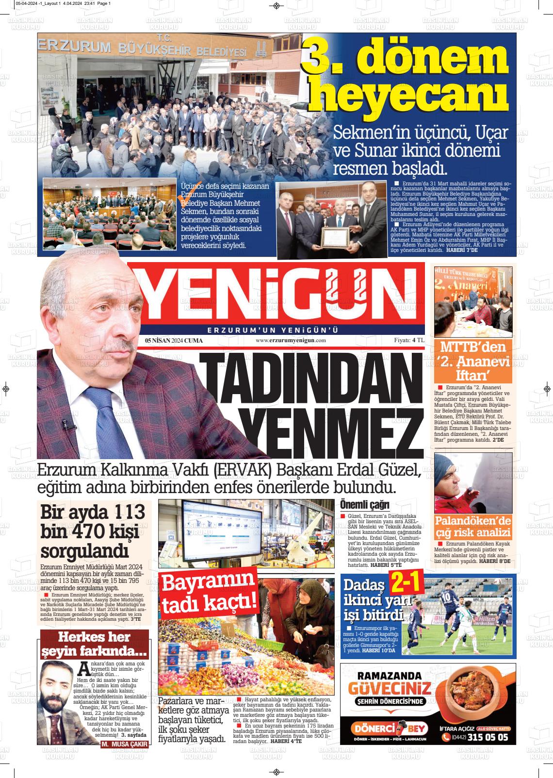 05 Nisan 2024 Erzurum Yenigün Gazete Manşeti