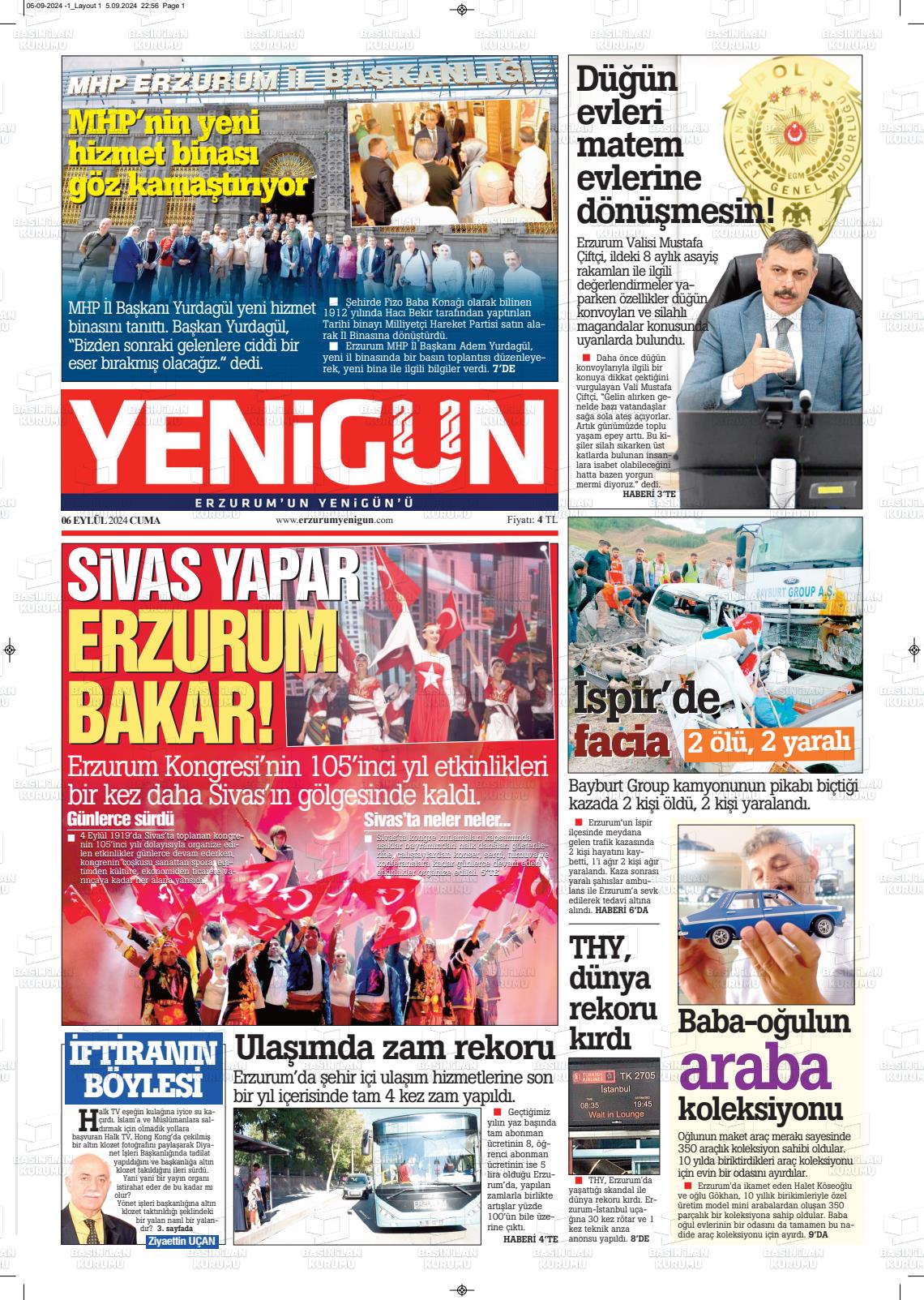 06 Eylül 2024 Erzurum Yenigün Gazete Manşeti