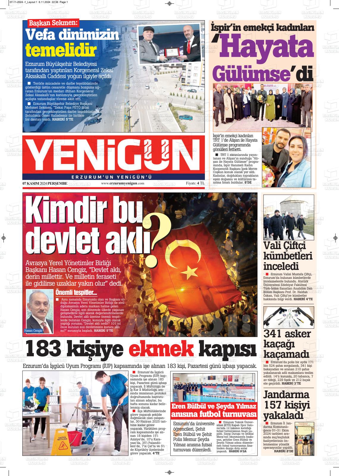 07 Kasım 2024 Erzurum Yenigün Gazete Manşeti