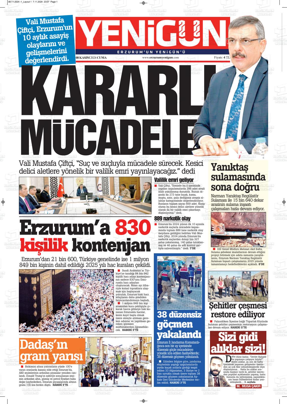 08 Kasım 2024 Erzurum Yenigün Gazete Manşeti