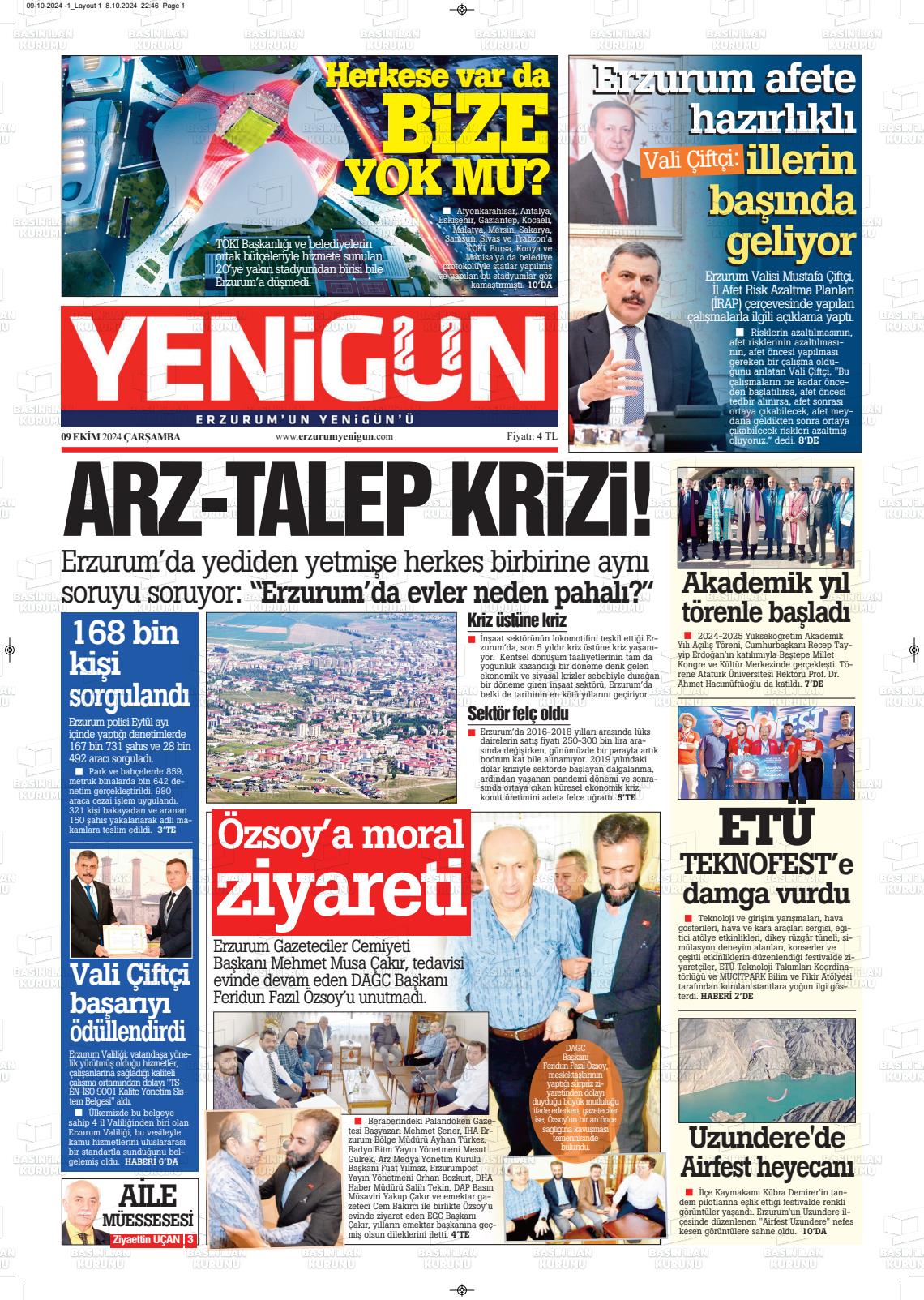 09 Ekim 2024 Erzurum Yenigün Gazete Manşeti