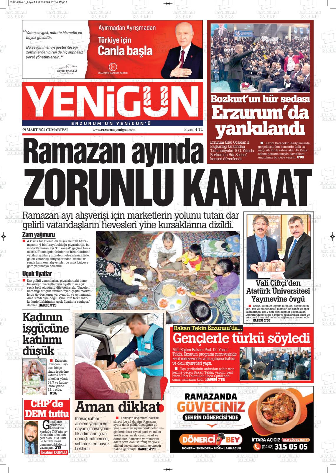 09 Mart 2024 Erzurum Yenigün Gazete Manşeti