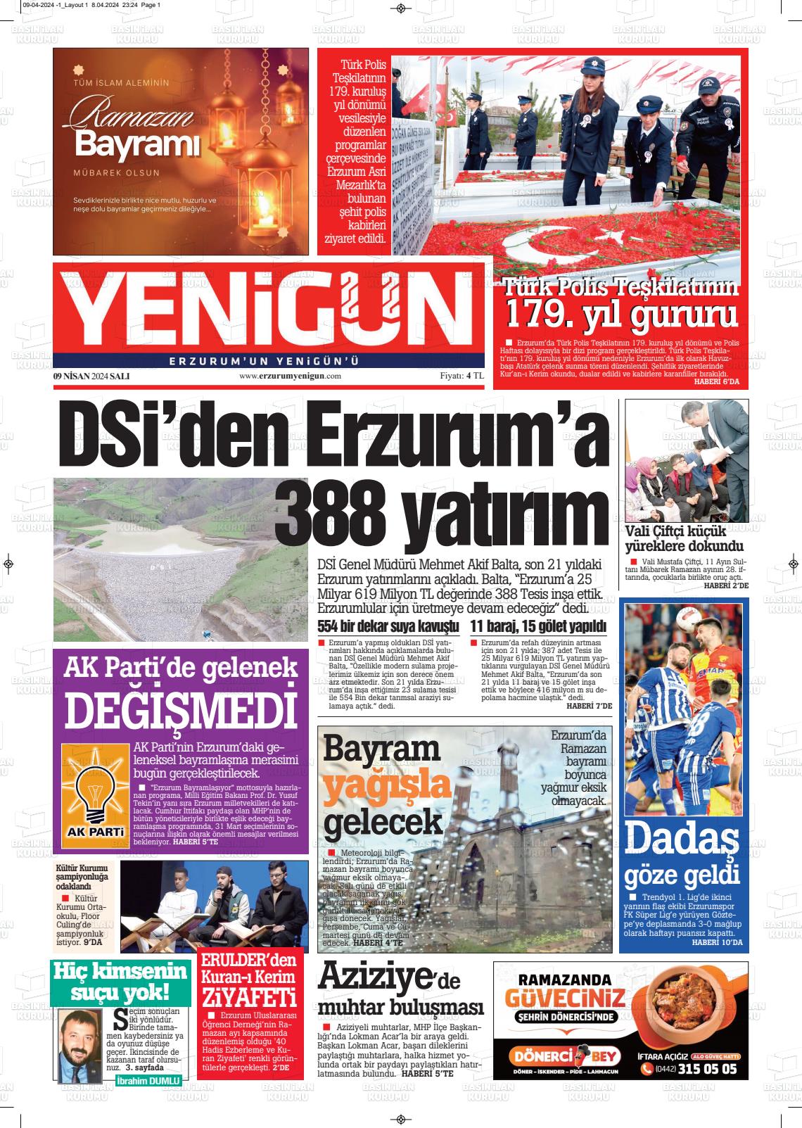 09 Nisan 2024 Erzurum Yenigün Gazete Manşeti