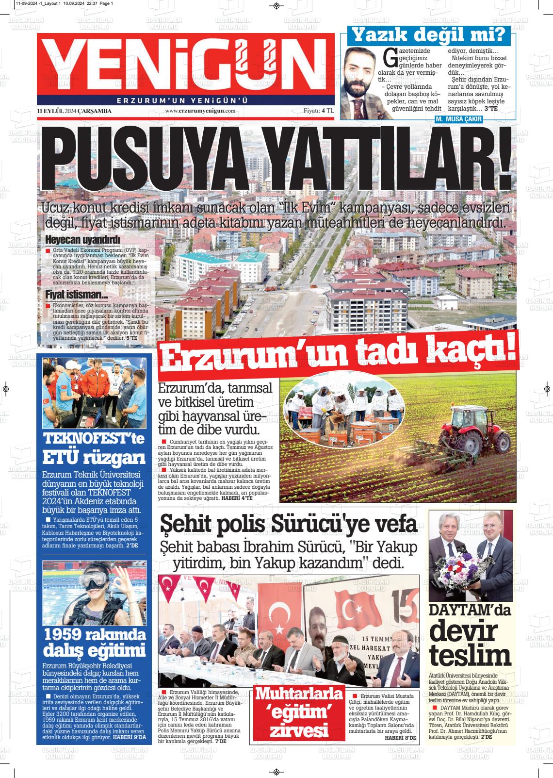 11 Eylül 2024 Erzurum Yenigün Gazete Manşeti