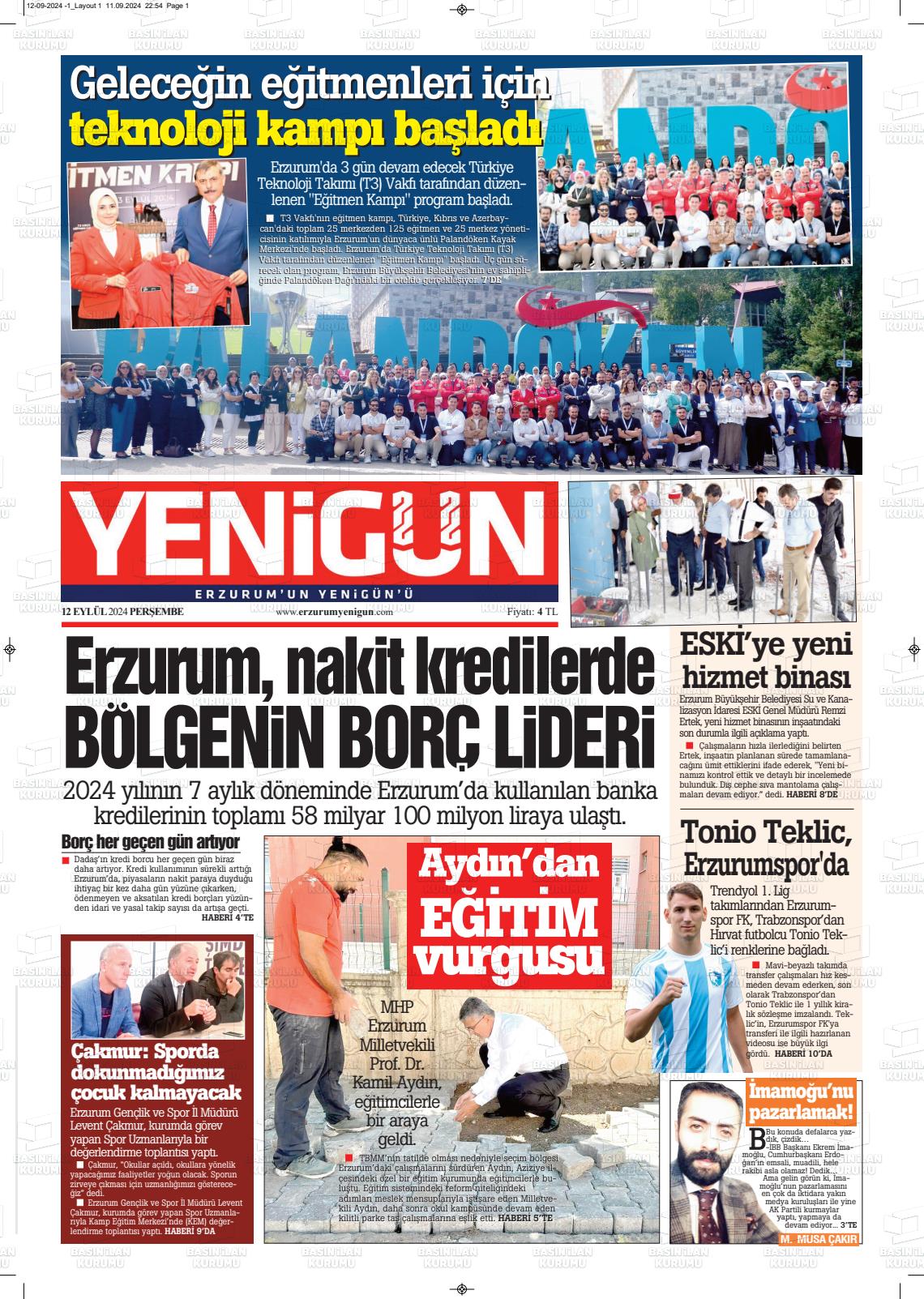 12 Eylül 2024 Erzurum Yenigün Gazete Manşeti