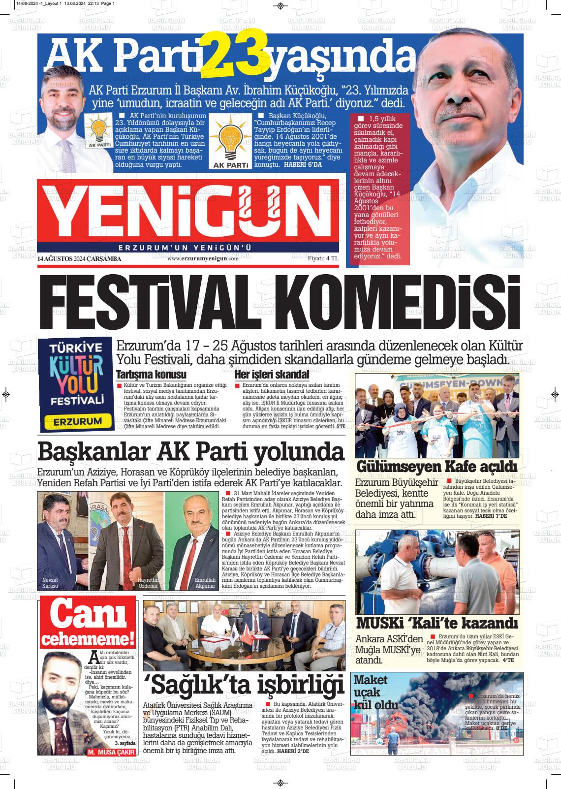 14 Ağustos 2024 Erzurum Yenigün Gazete Manşeti