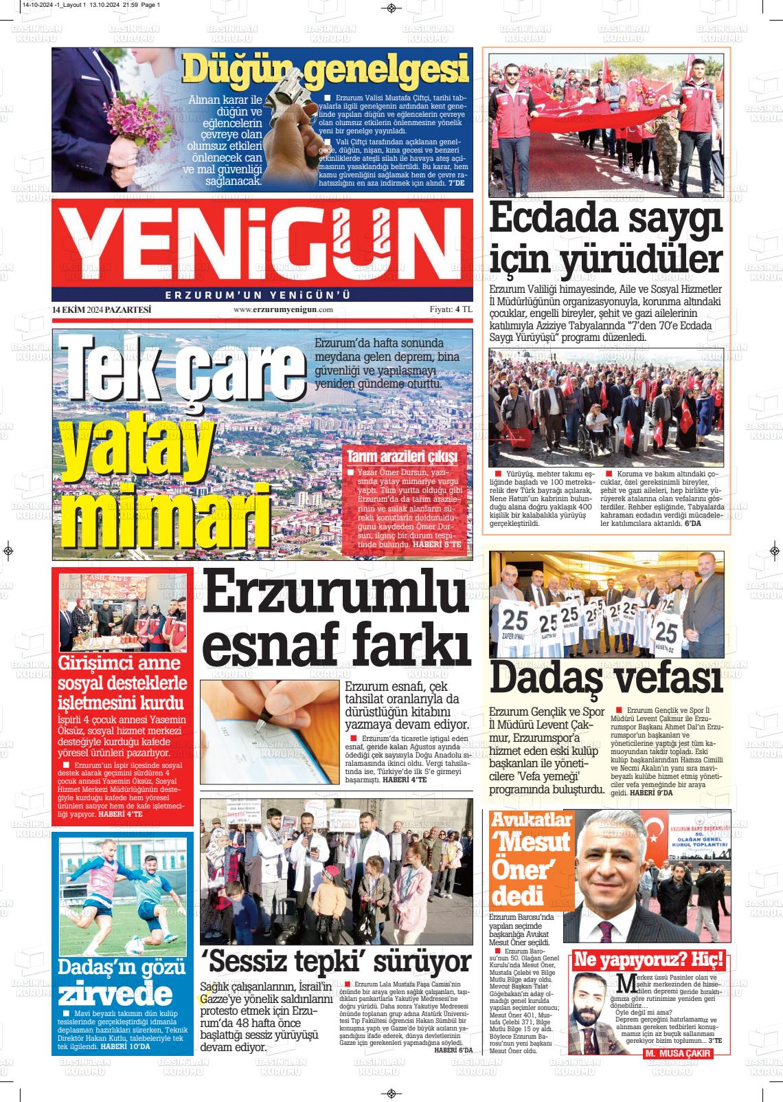 14 Ekim 2024 Erzurum Yenigün Gazete Manşeti