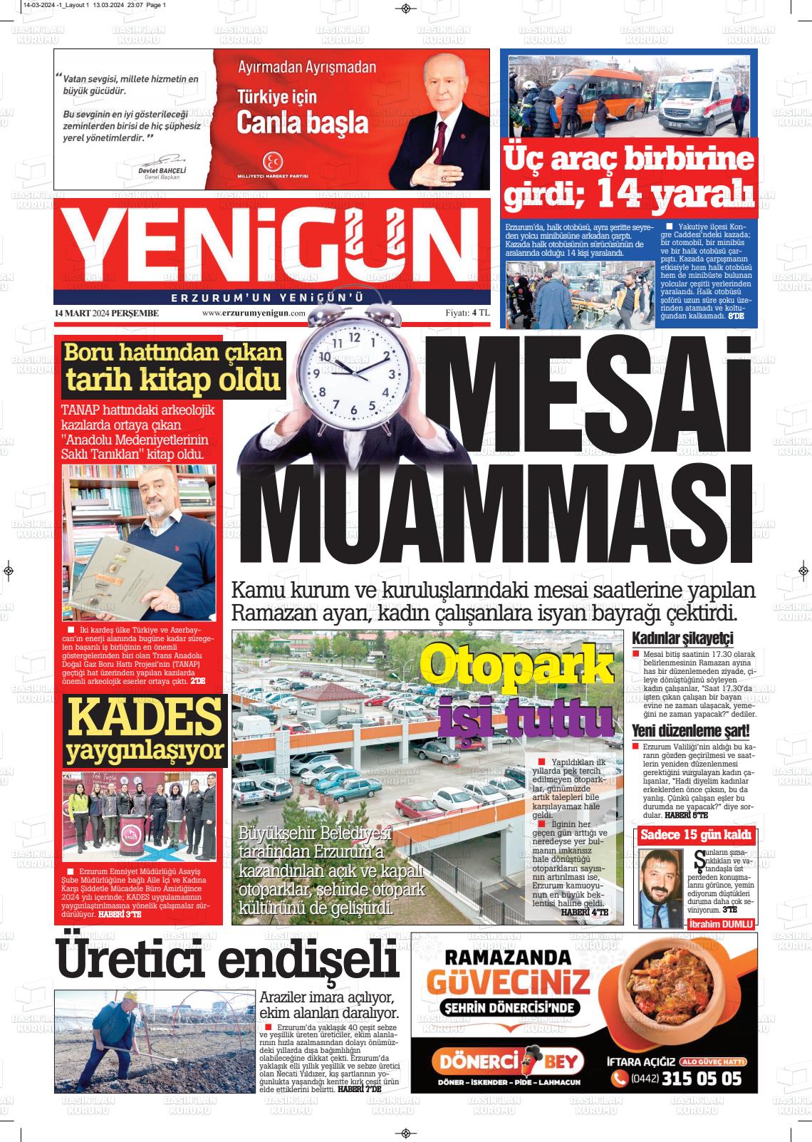 14 Mart 2024 Erzurum Yenigün Gazete Manşeti