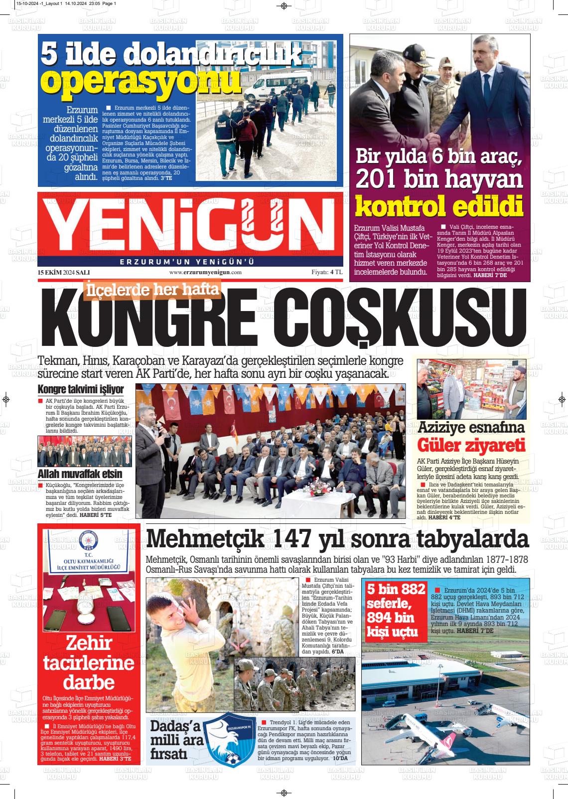 15 Ekim 2024 Erzurum Yenigün Gazete Manşeti