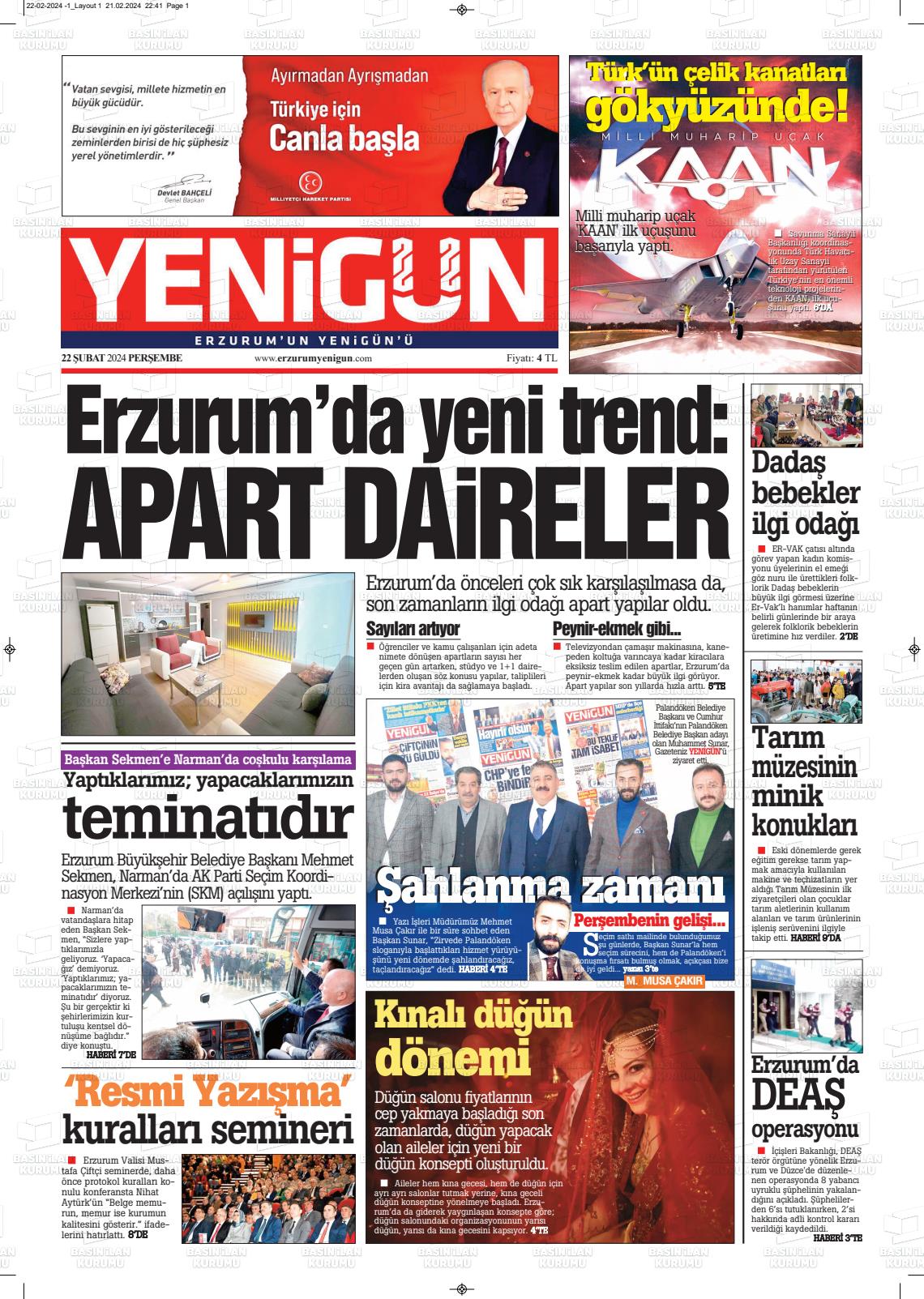 22 Şubat 2024 Erzurum Yenigün Gazete Manşeti