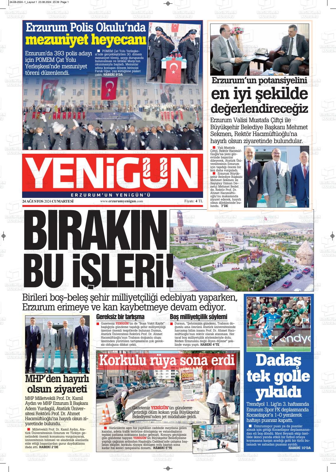 24 Ağustos 2024 Erzurum Yenigün Gazete Manşeti