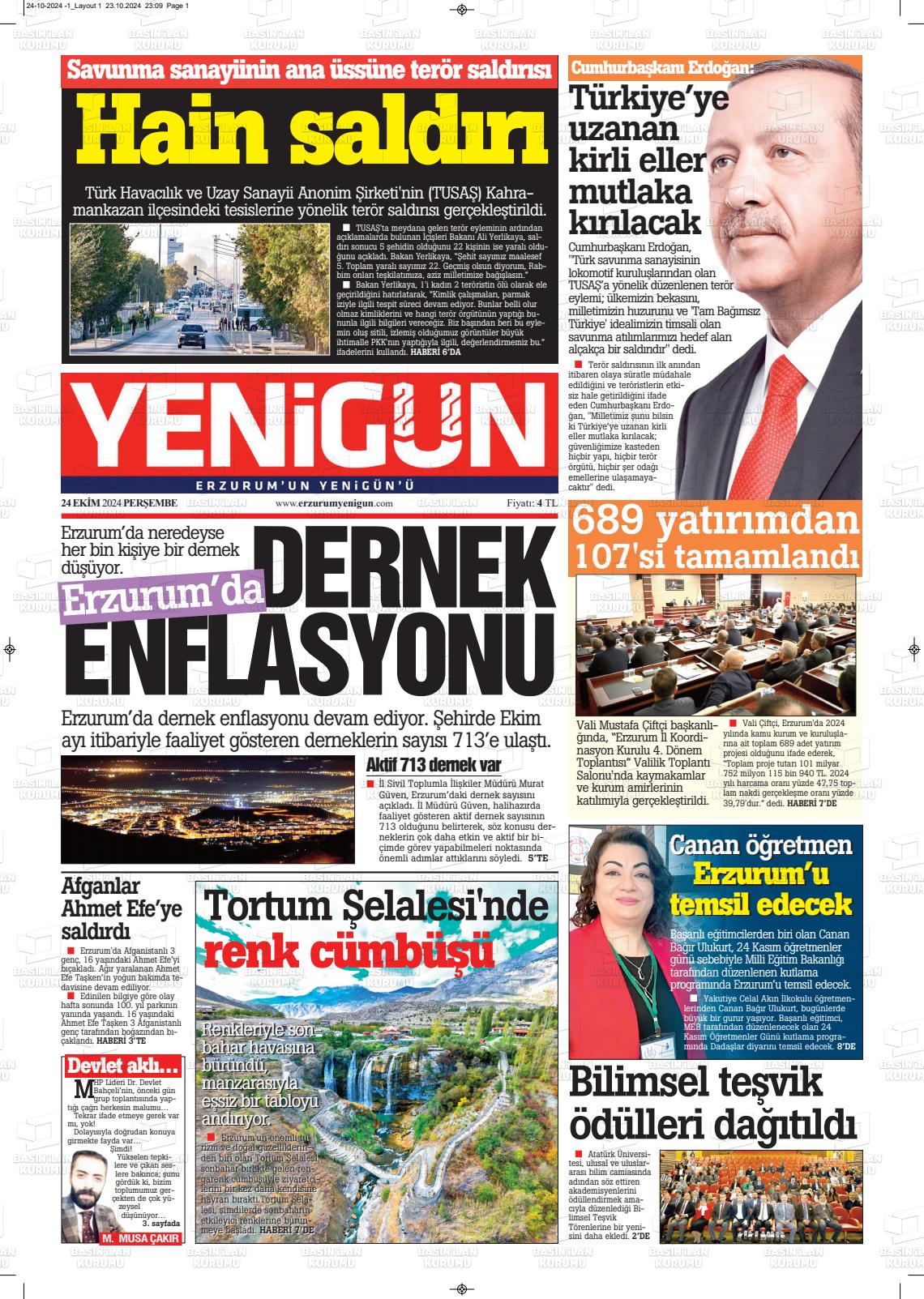 24 Ekim 2024 Erzurum Yenigün Gazete Manşeti