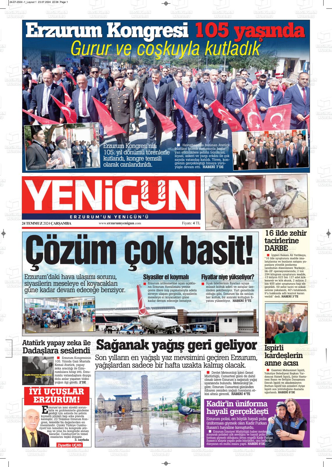 24 Temmuz 2024 Erzurum Yenigün Gazete Manşeti