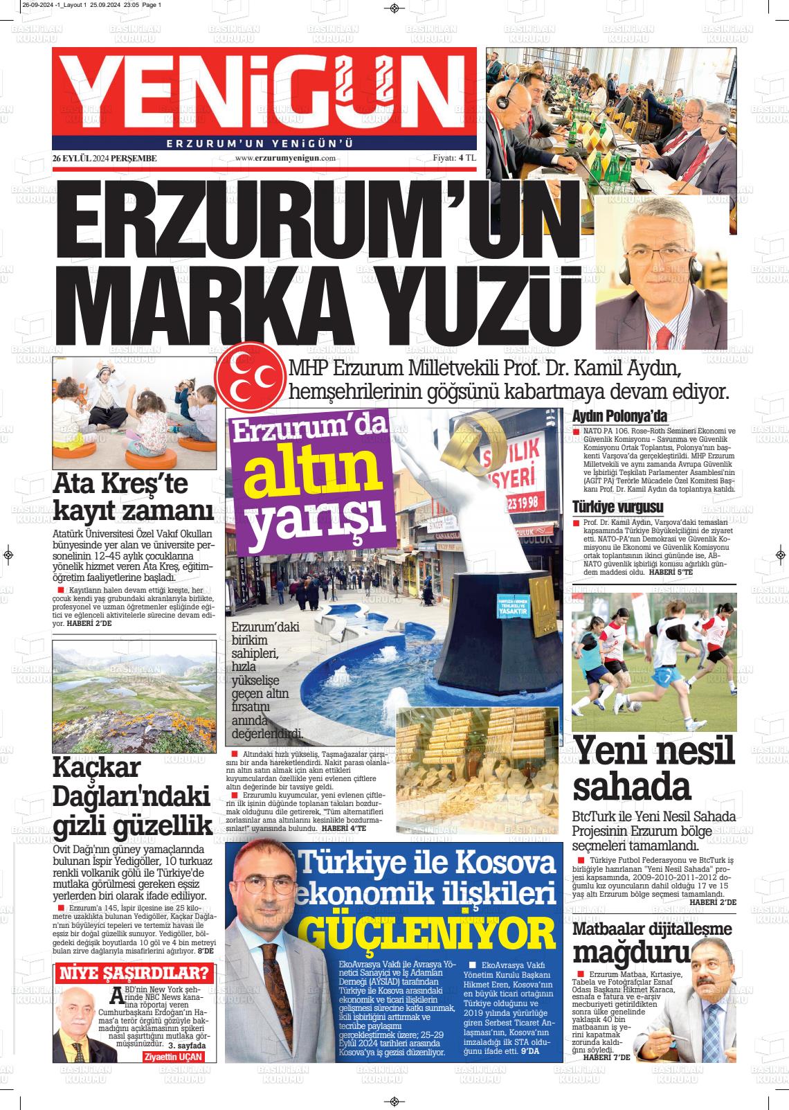 26 Eylül 2024 Erzurum Yenigün Gazete Manşeti