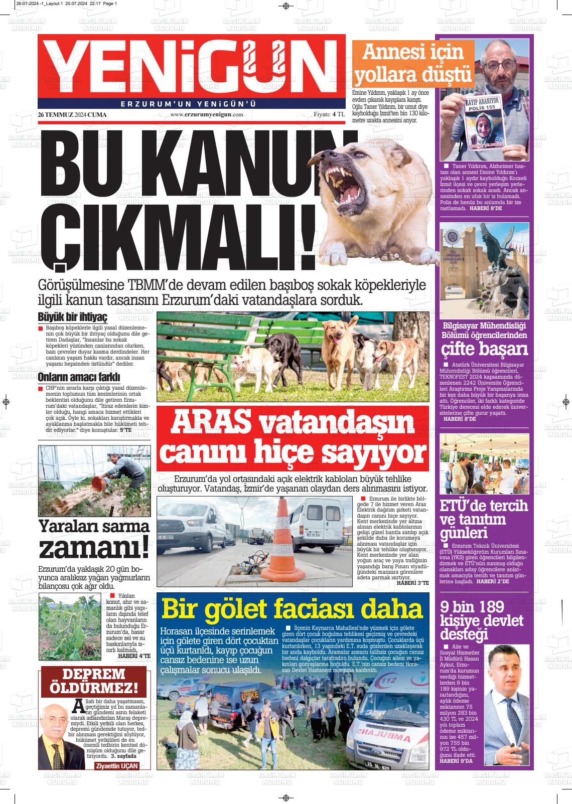 27 Temmuz 2024 Erzurum Yenigün Gazete Manşeti