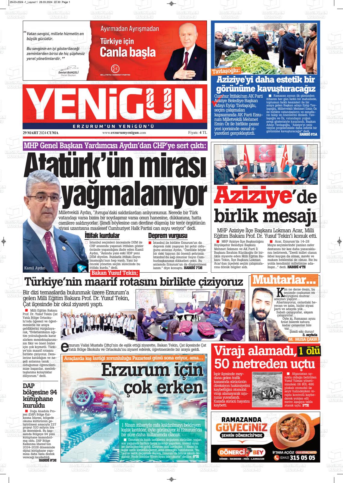 29 Mart 2024 Erzurum Yenigün Gazete Manşeti