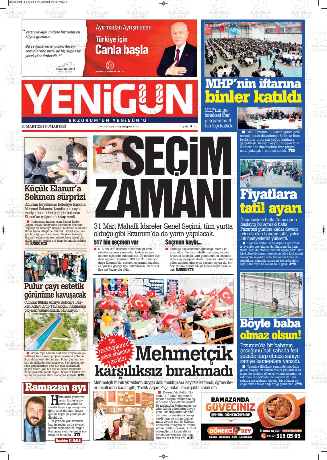 30 Mart 2024 Erzurum Yenigün Gazete Manşeti