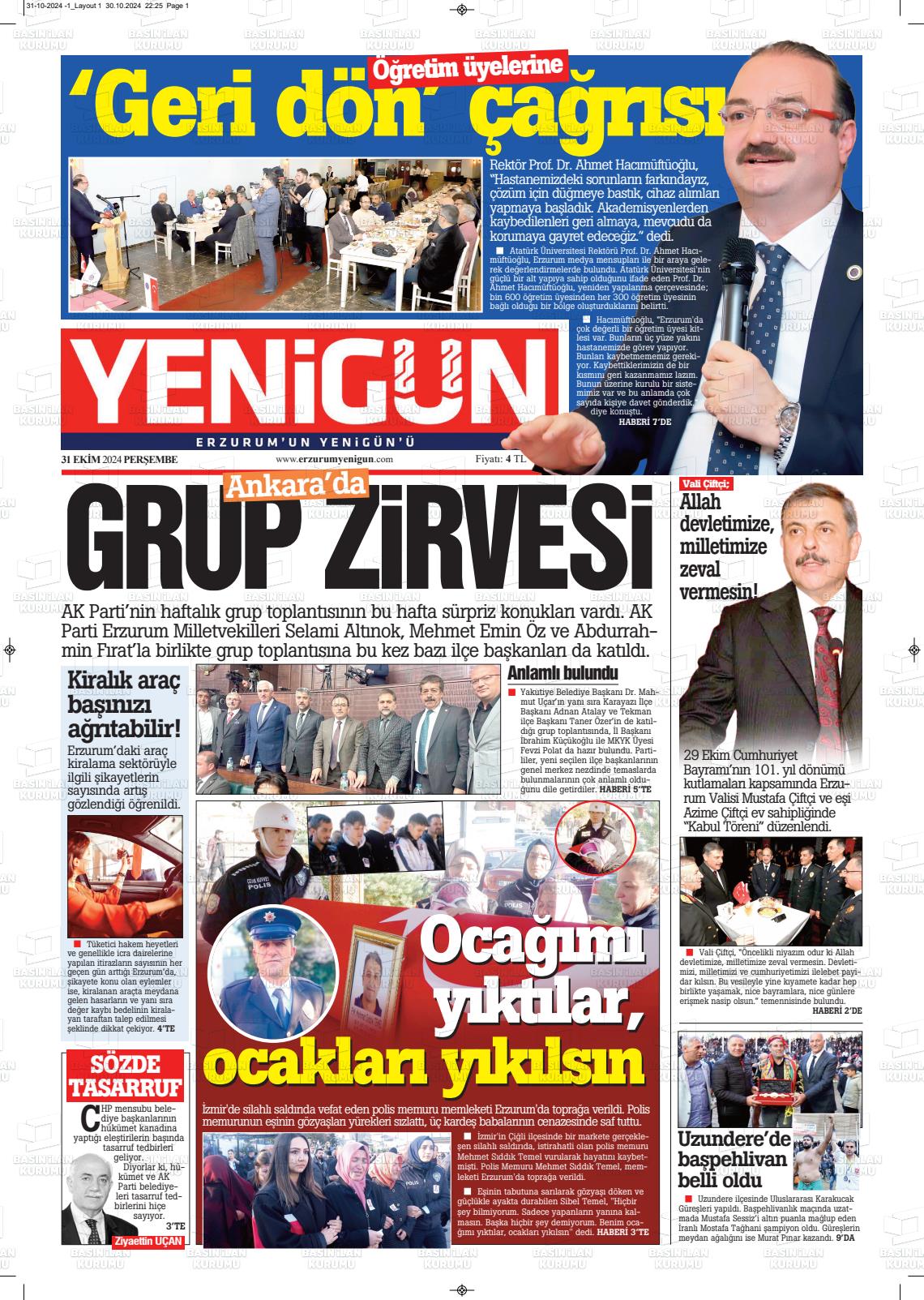 31 Ekim 2024 Erzurum Yenigün Gazete Manşeti