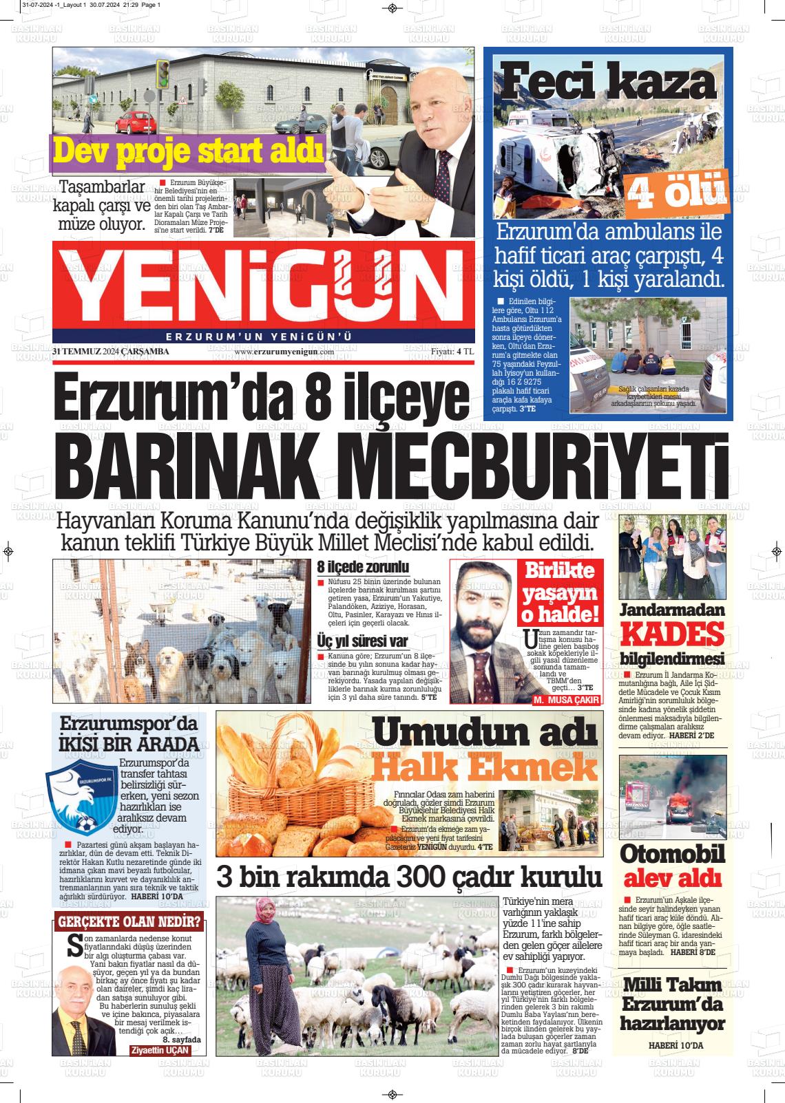 31 Temmuz 2024 Erzurum Yenigün Gazete Manşeti