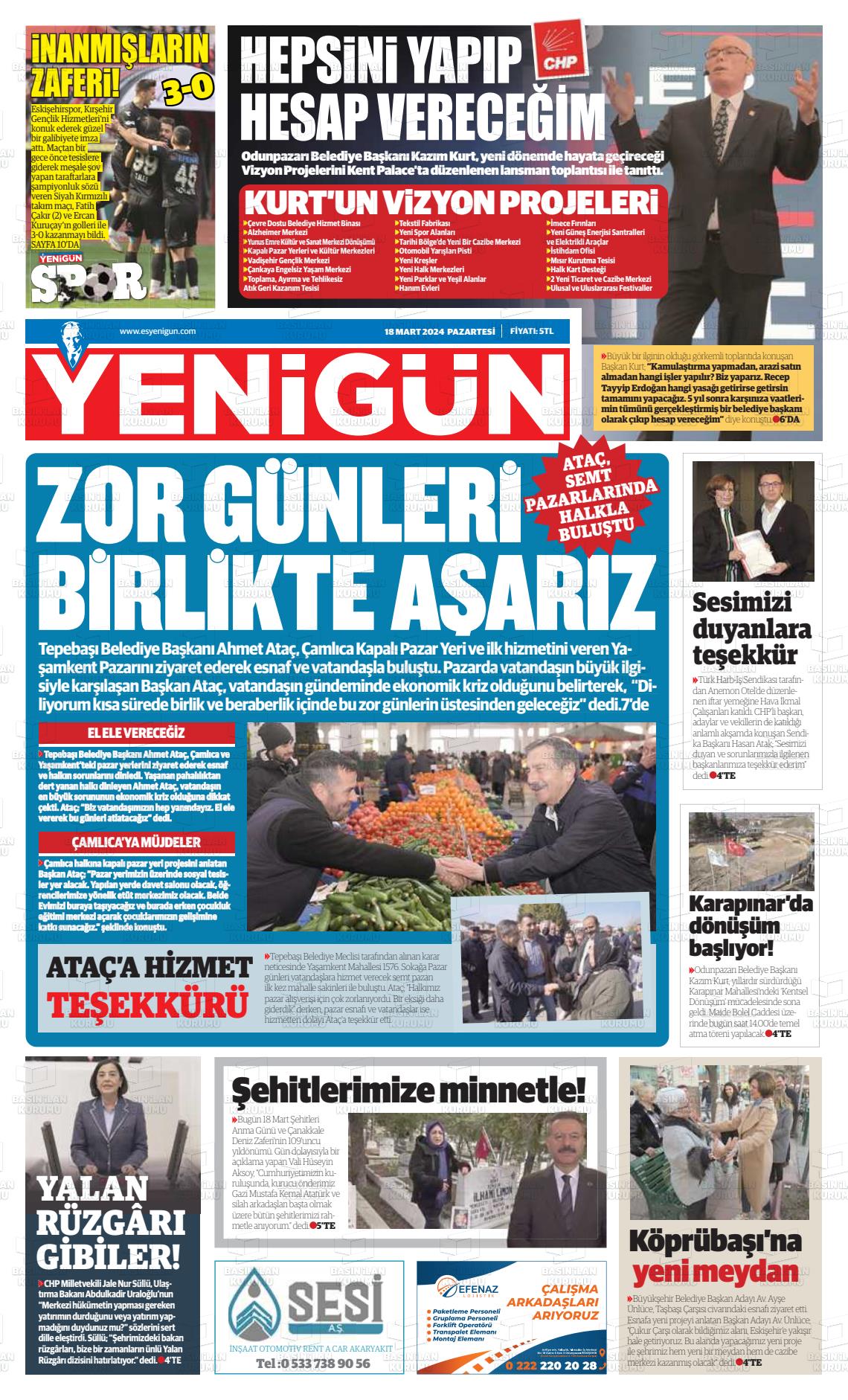 18 Mart 2024 Eskişehir Yeni Gün Gazete Manşeti