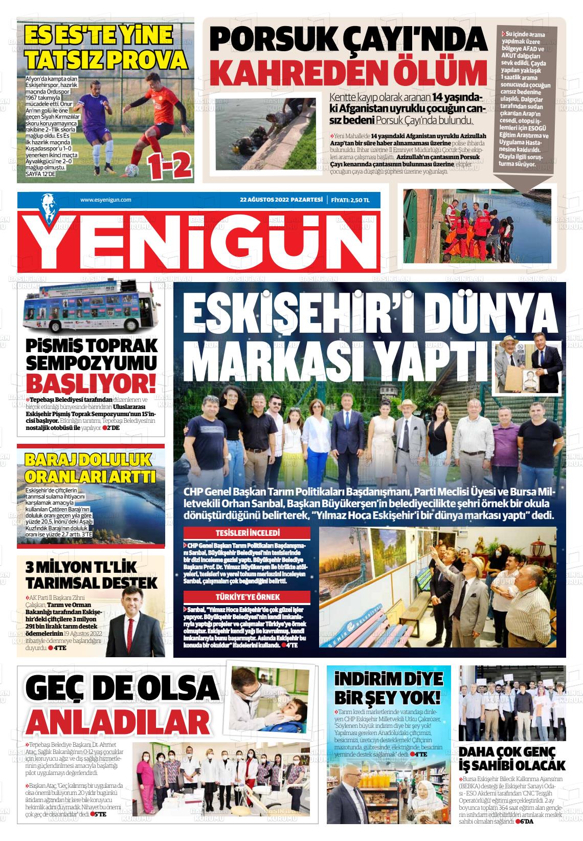 23 Ağustos 2022 Eskişehir Yeni Gün Gazete Manşeti